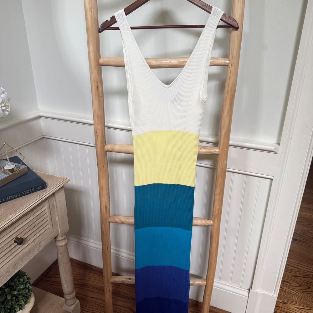 STAUD Blue White Colorblock Stripe Sleeveless V-Neck Dana Midi Dress Size Medium - Picture 2 of 8